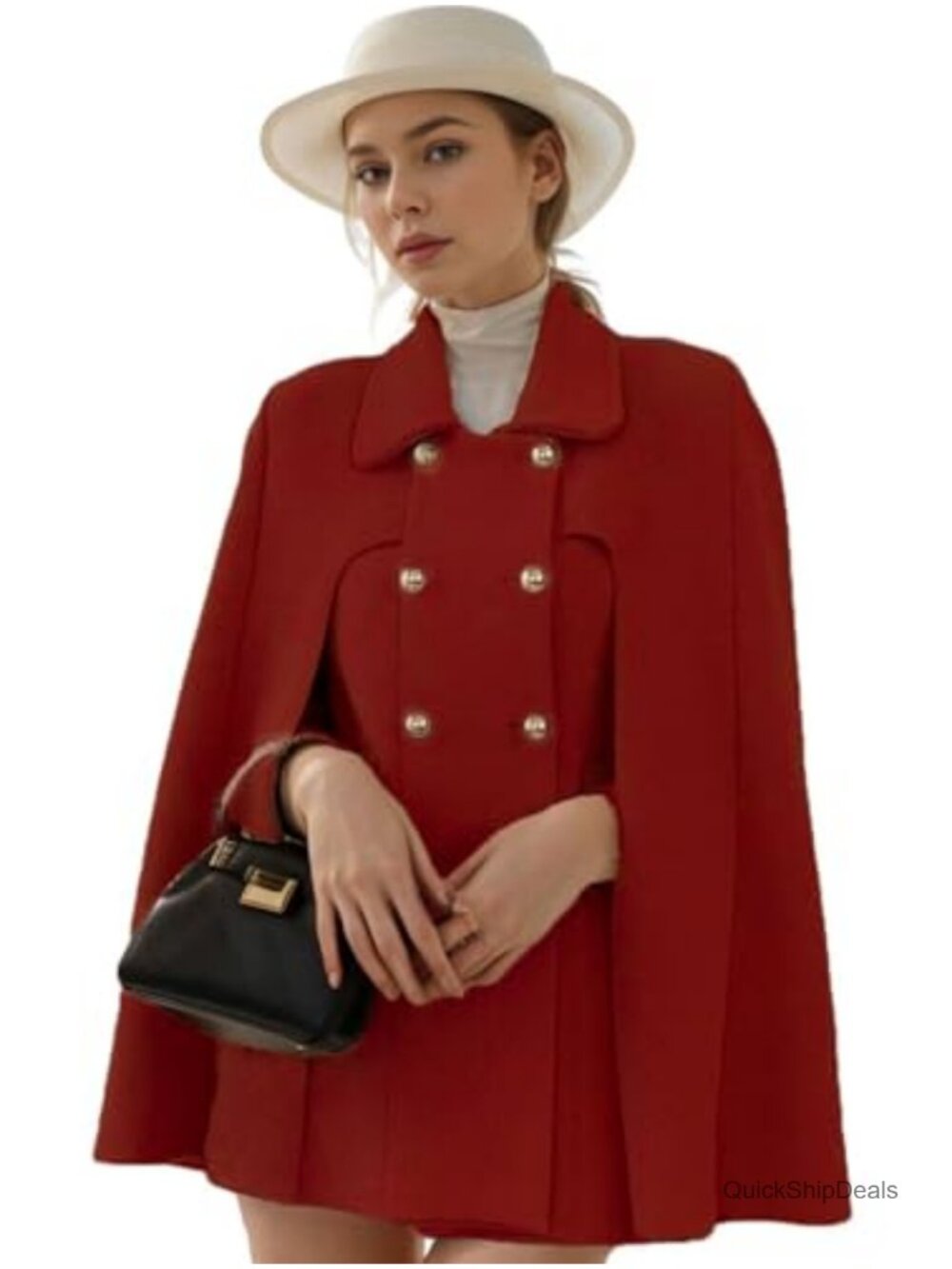 Elegant Wool Blend Cape Coat Double-Breasted with Slit Sleeves